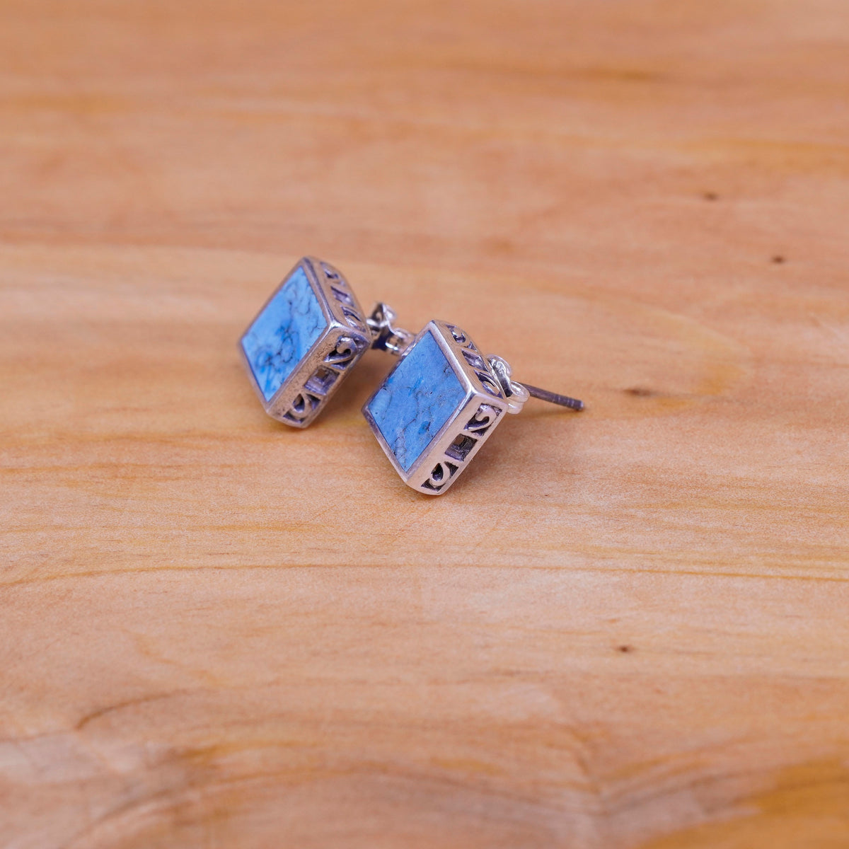 Sterling silver handmade earrings, southwestern 925 square with turquoise studs