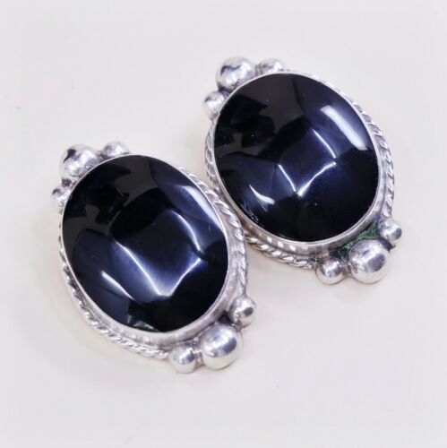 Vtg Oval Sterling Silver Clip on Obsidian Earrings W/ Beads, Stamped 925 Mexico