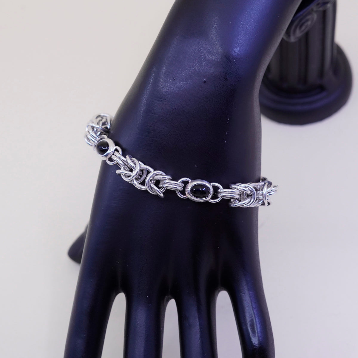 7”, Sterling silver handmade bracelet, 925 Byzantine, birdcage chain N obsidian