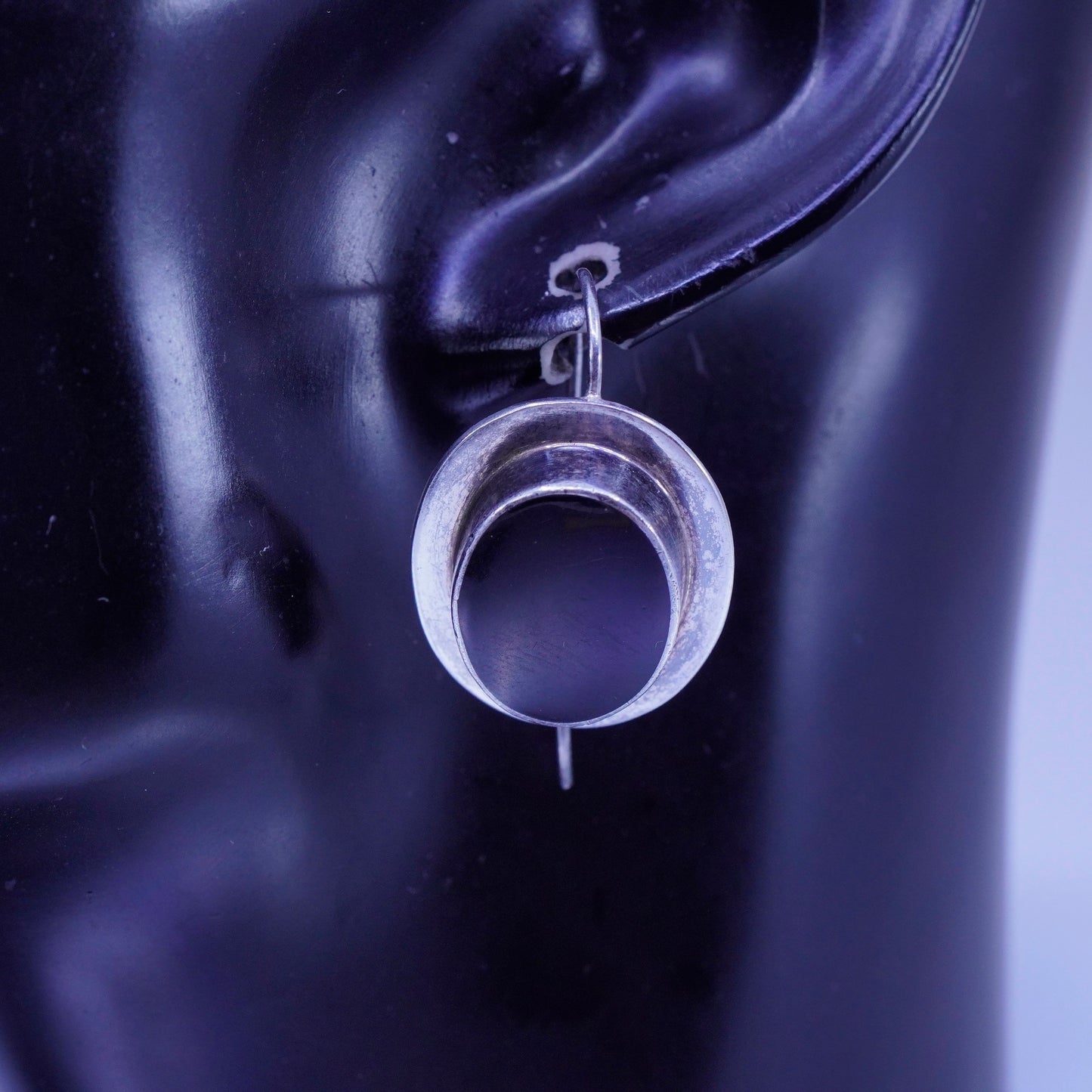 Vintage Sterling 925 silver handmade earrings with oval obsidian