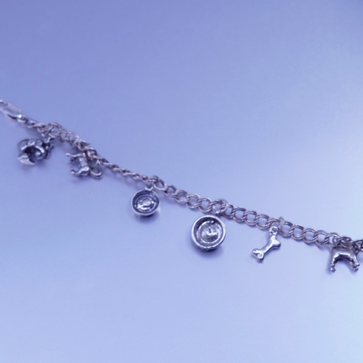7”, Italy Sterling 925 silver bracelet curb chain dog puppy kitty cat bone bowl