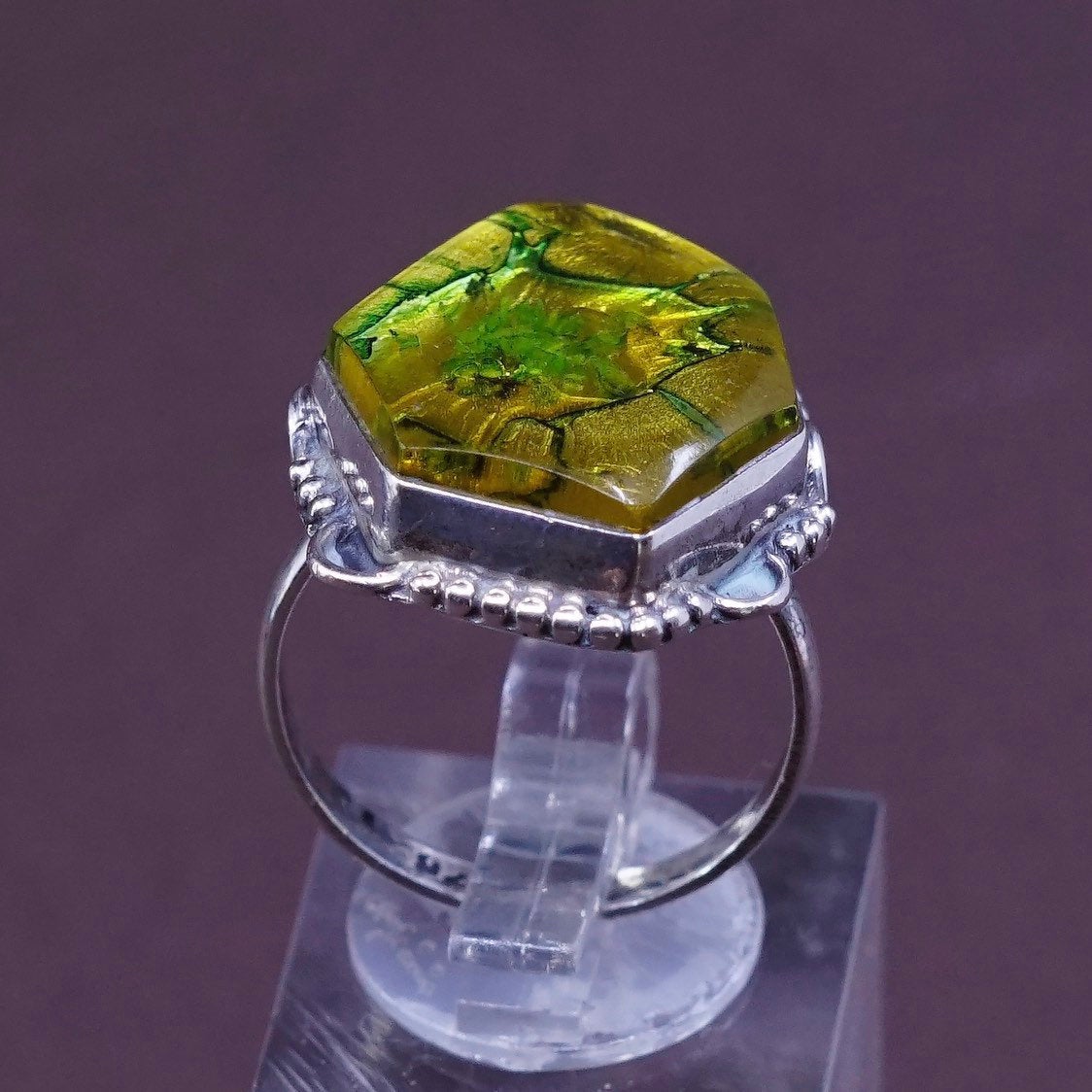 sz 8.5, Sterling silver handmade ring, southwestern 925 w/ yellow foiled glass