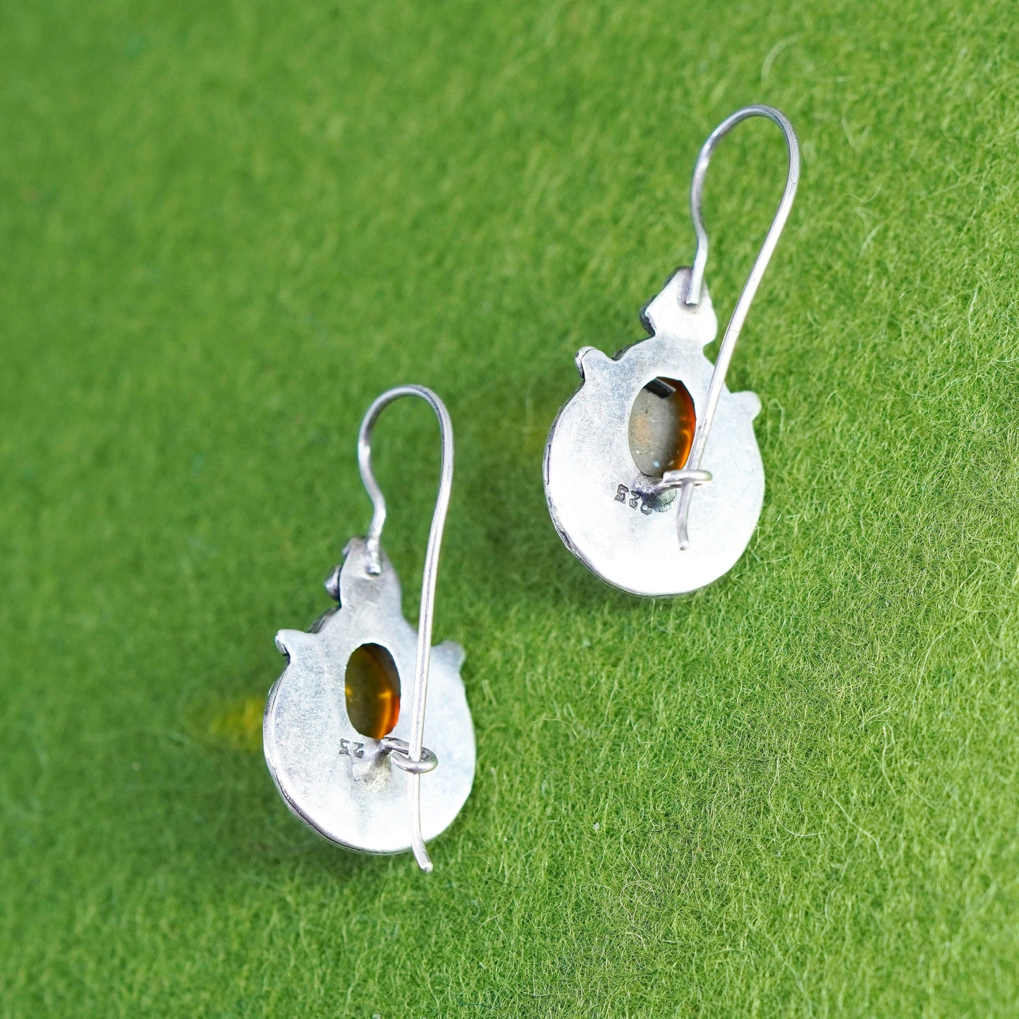 Vintage Sterling 925 silver handmade earrings with amber and beads
