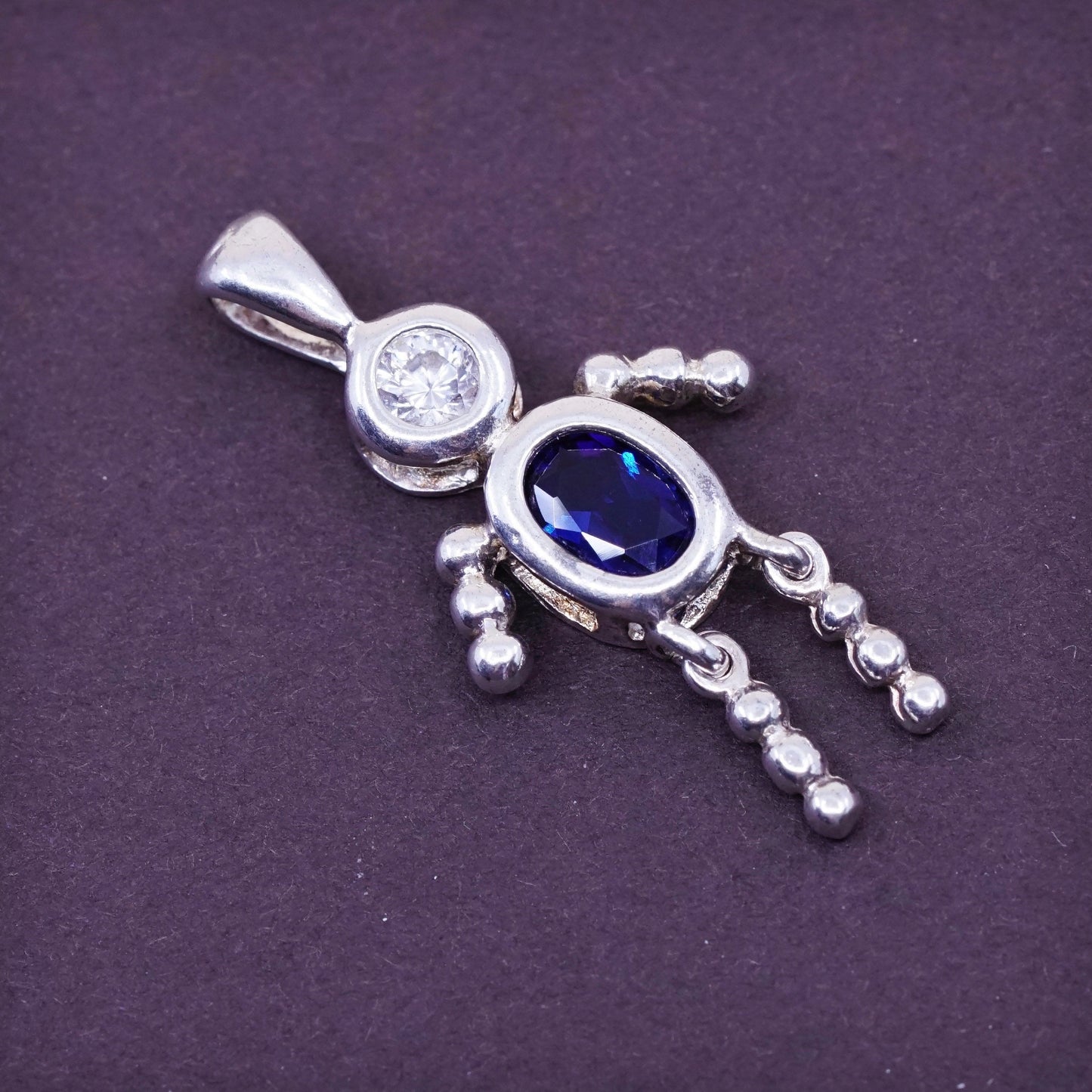 Vintage Sterling 925 silver birthstone pendant with sapphire, baby boy figure