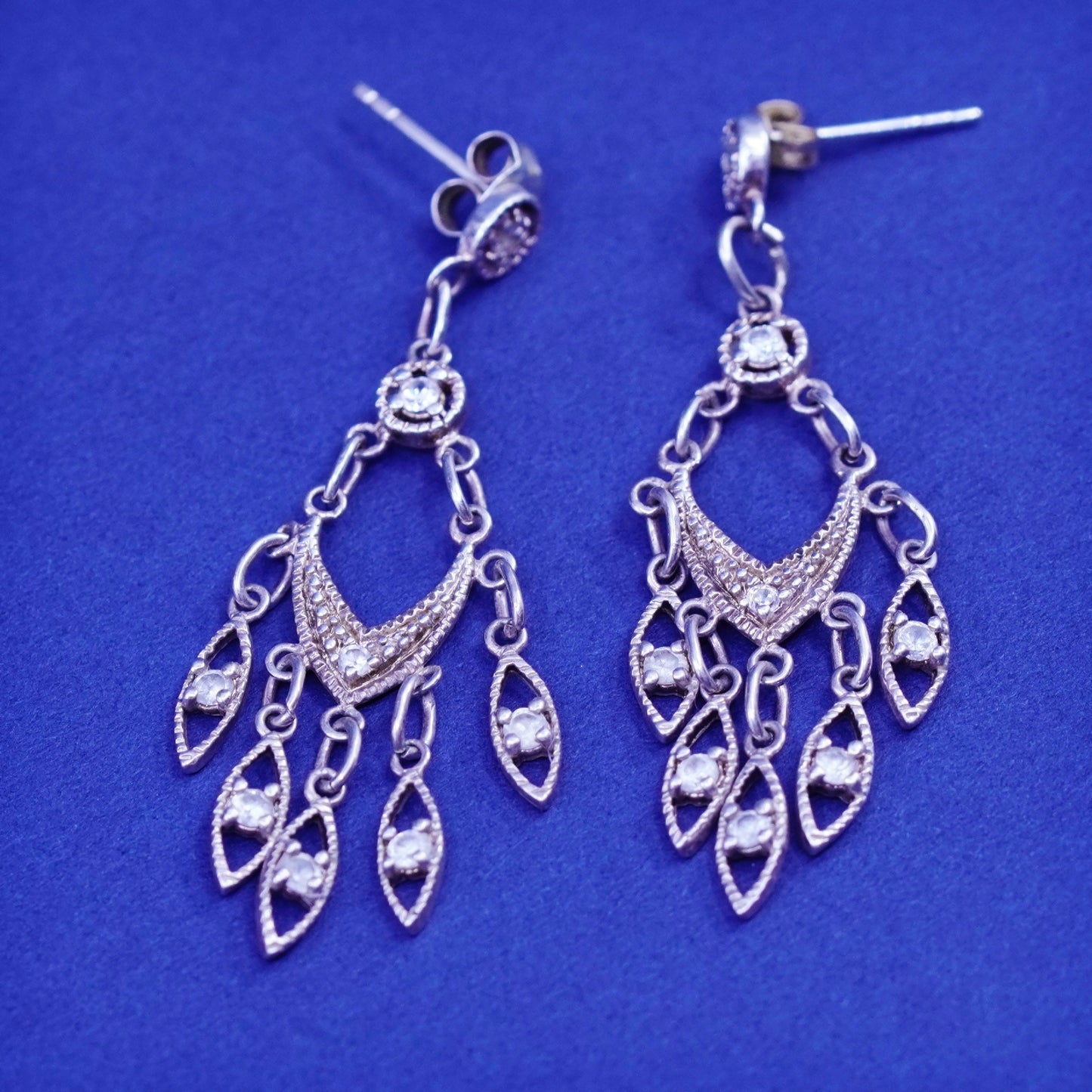 Vintage Sterling silver handmade earrings, filigree 925 teardrop with cz
