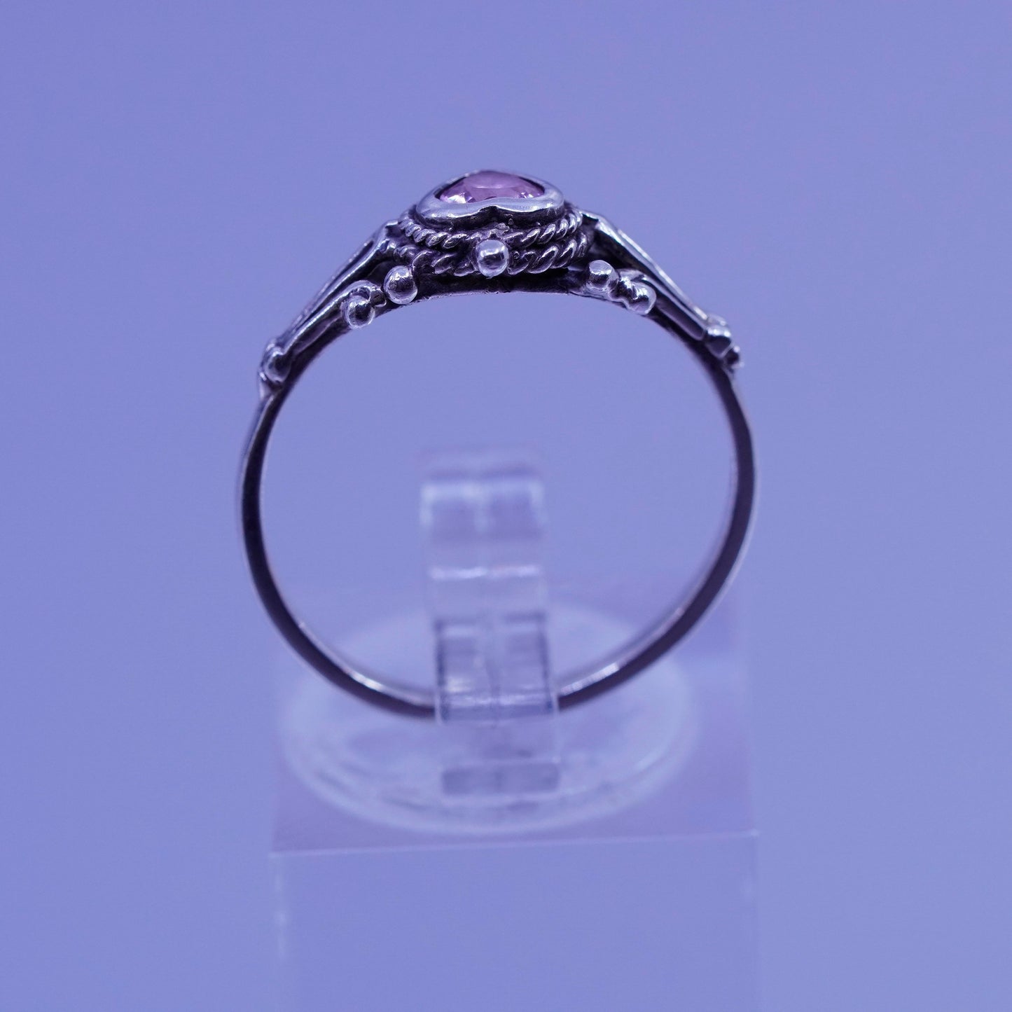 Size 7.75, vintage Sterling 925 silver handmade ring with heart pink Cz beads
