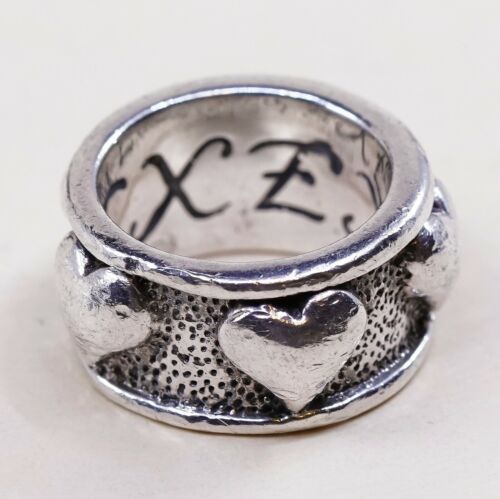 Sz 8, Vtg Exex Sterling Silver Handmade Ring, 925 Silver Band W/ Heart Embossed