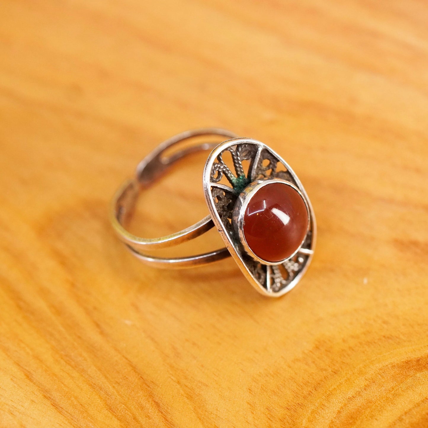 Size adjustable, vintage Sterling silver handmade filigree ring with carnelian