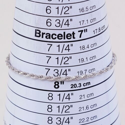 7.75”, 2mm, Vtg Sterling Silver bracelet, 925 Rope chain, Stamped 925 Italy