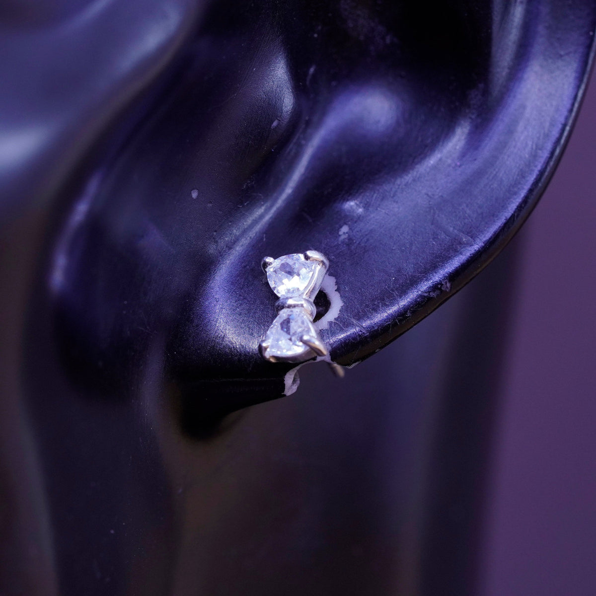 vintage Sterling 925 silver ribbon bow tie studs, cz earrings