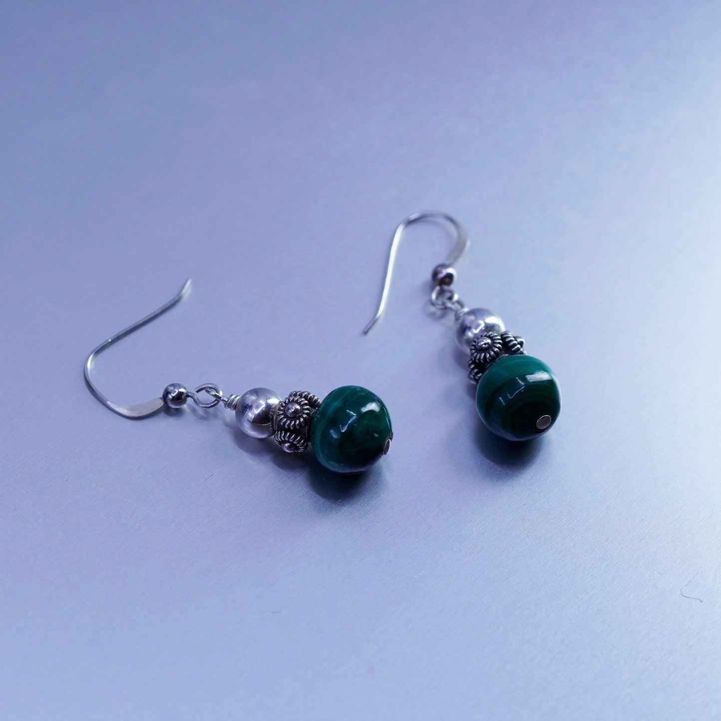 Vintage Sterling 925 silver handmade earrings with malachite beads and flowers
