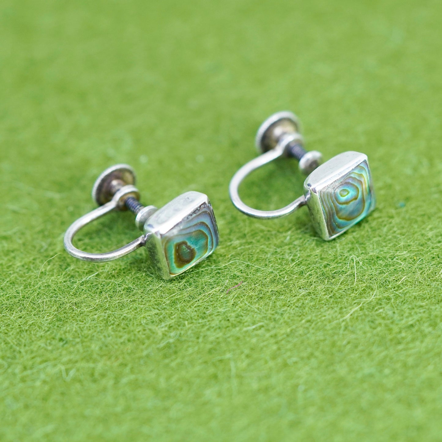 Vintage sterling 925 silver handmade screw back square earrings with abalone