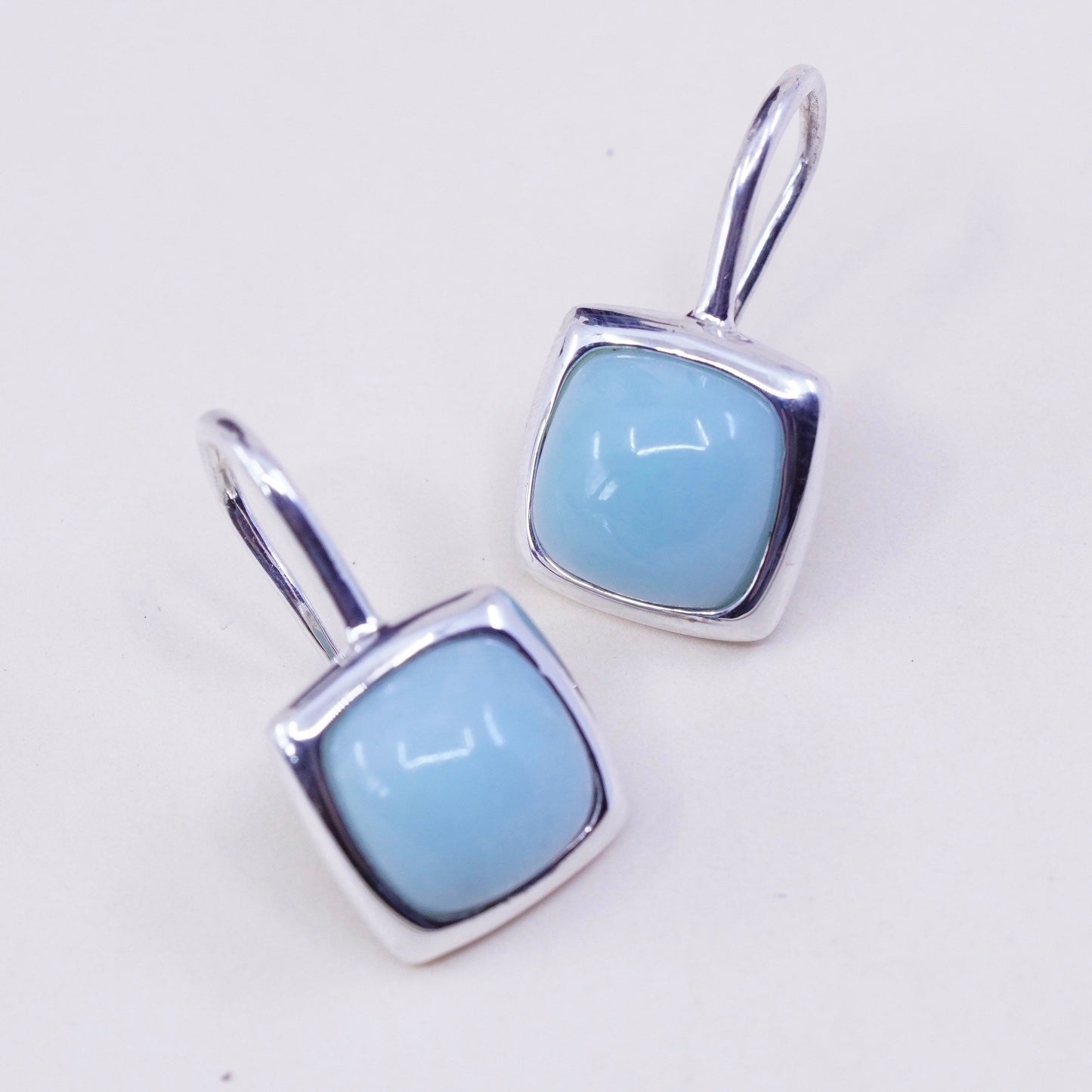 Vintage sterling silver handmade earrings, 925 with square jade, Stamped 925
