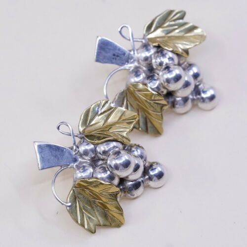Two Tone Sterling Silver Handmade Grapes Earrings, Mexico 925 Studs W/ Leaf Vine