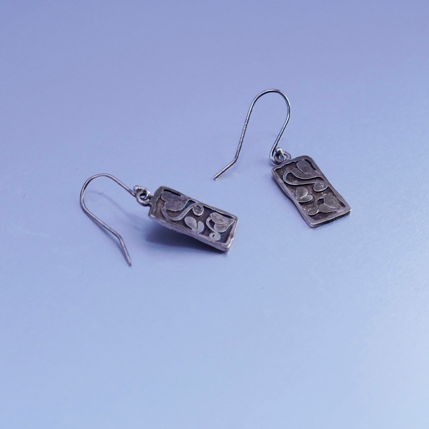 vintage Sterling silver handmade earrings, 950 tag dangles with heart engraved