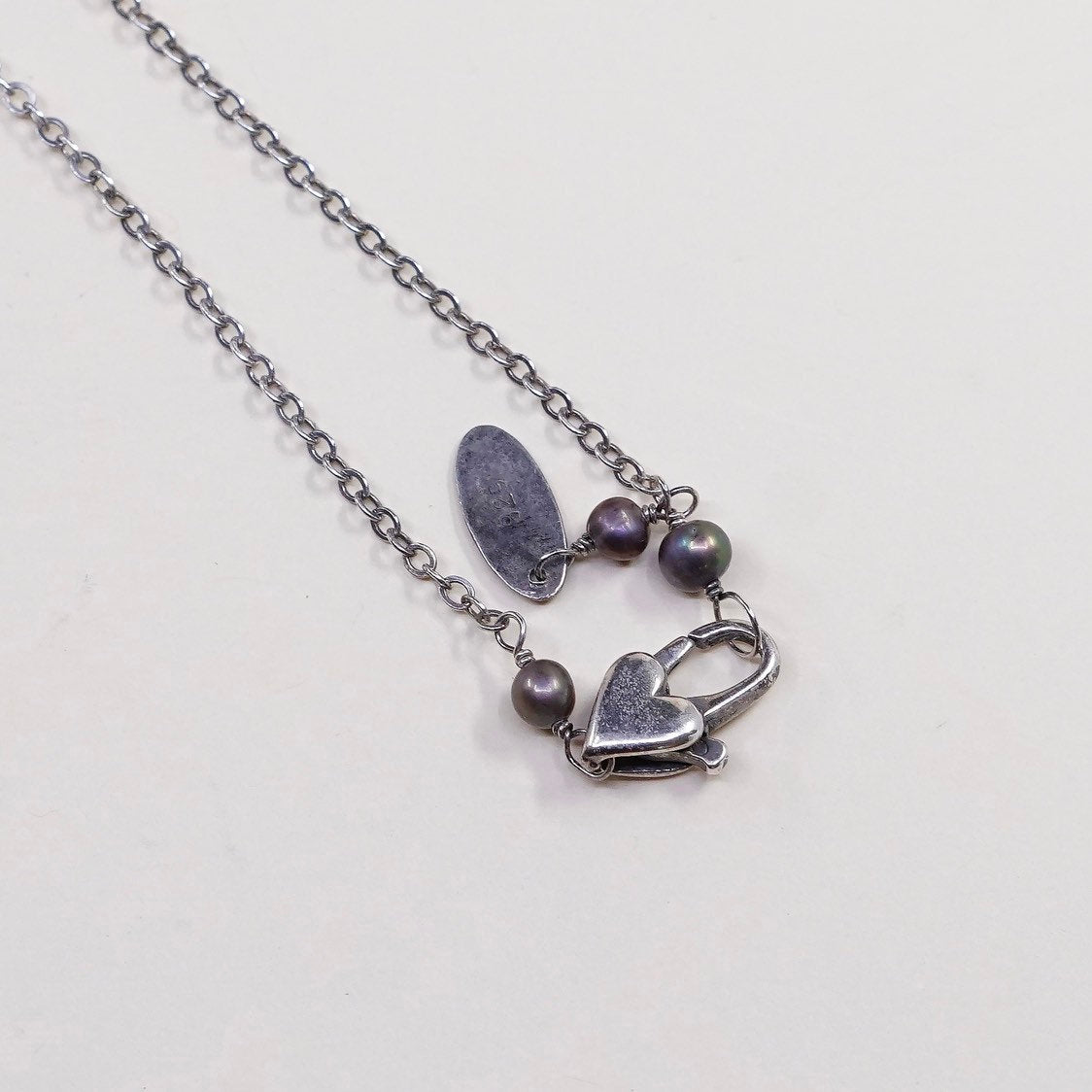 16", lenni navarro black pearl beads necklace, Sterling silver figaro chain