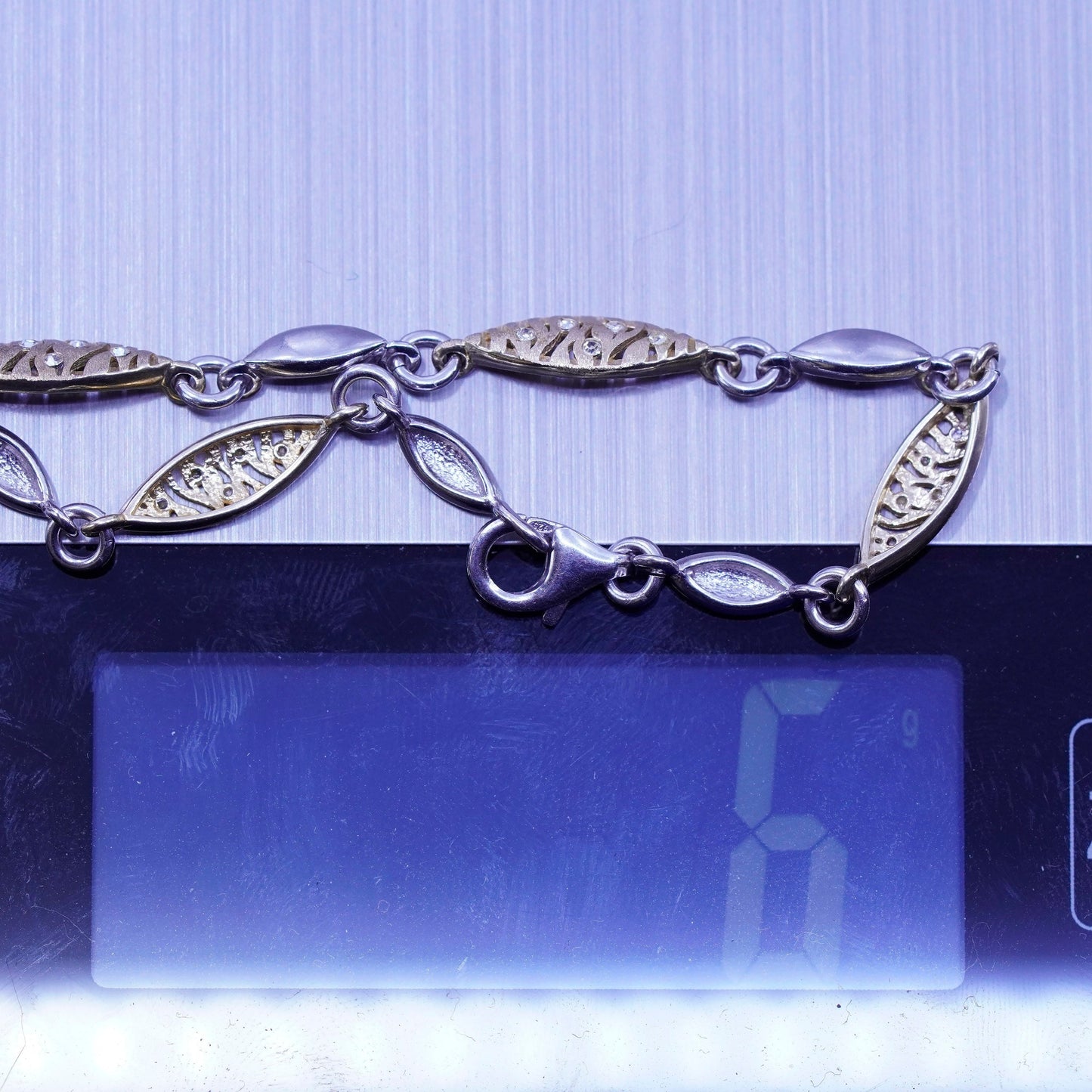 7.5”, 6mm, Vintage Italy two tone Sterling 925 silver tennis bracelet with cz