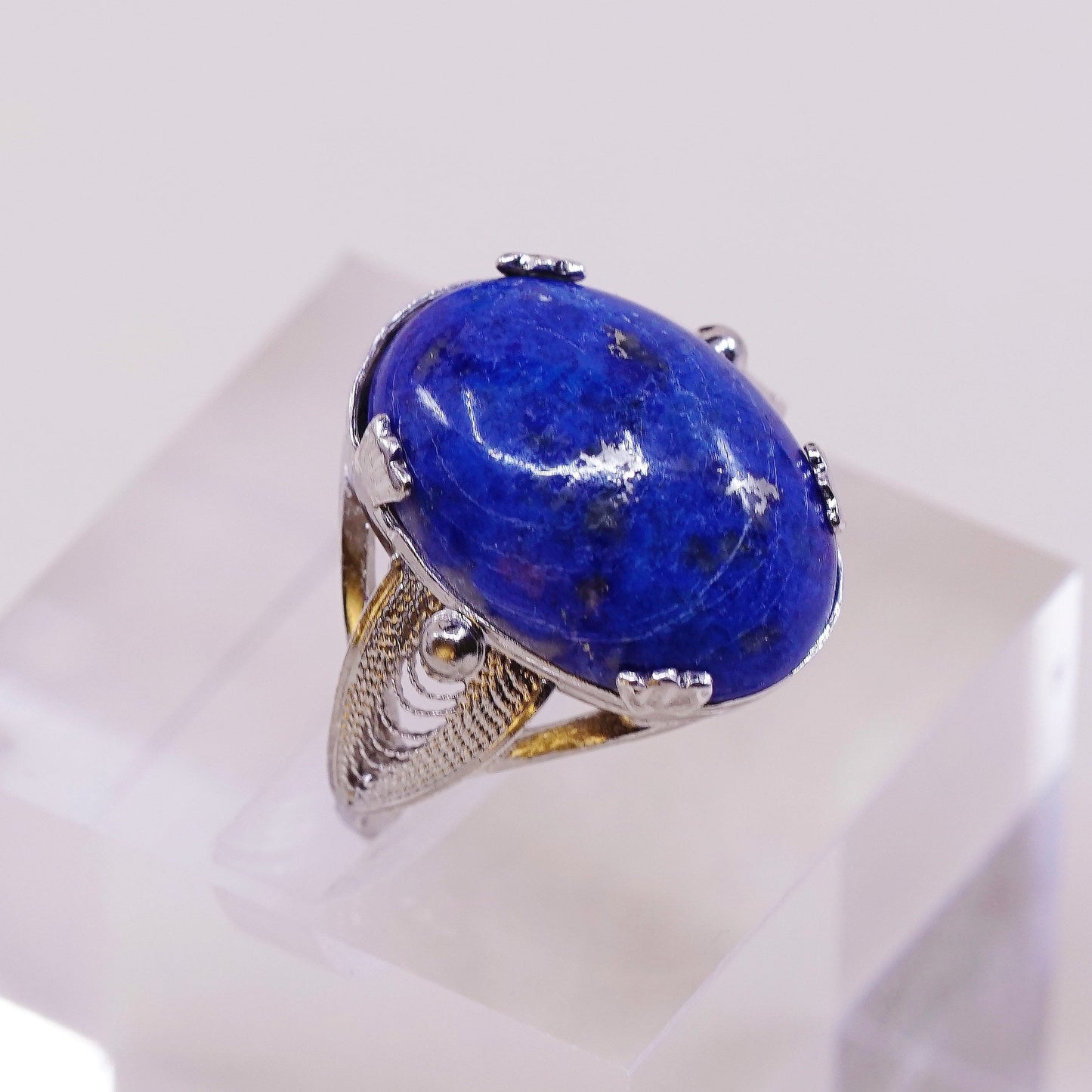 sz 6, vtg sterling silver handmade ring 925 statement ring w/ oval Lapis lazuli