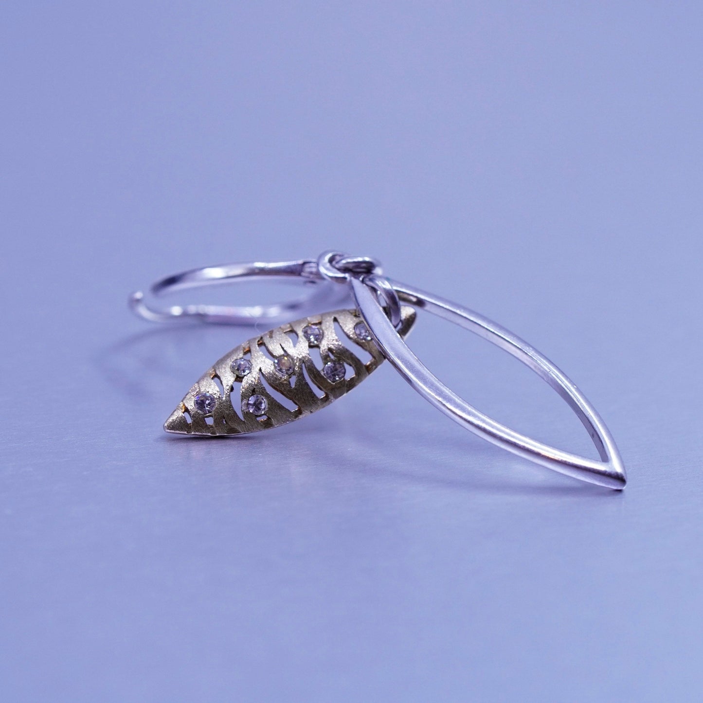 Vintage two tone Sterling 925 silver handmade filigree marquise shaped earrings
