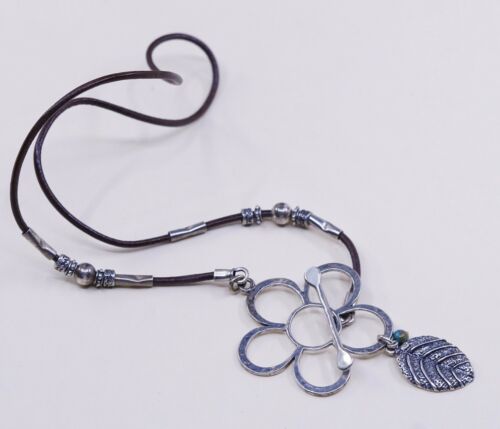 18”, Vtg Israel Sterling 925 Silver Flower Leaf Oendant W/ Leather Necklace
