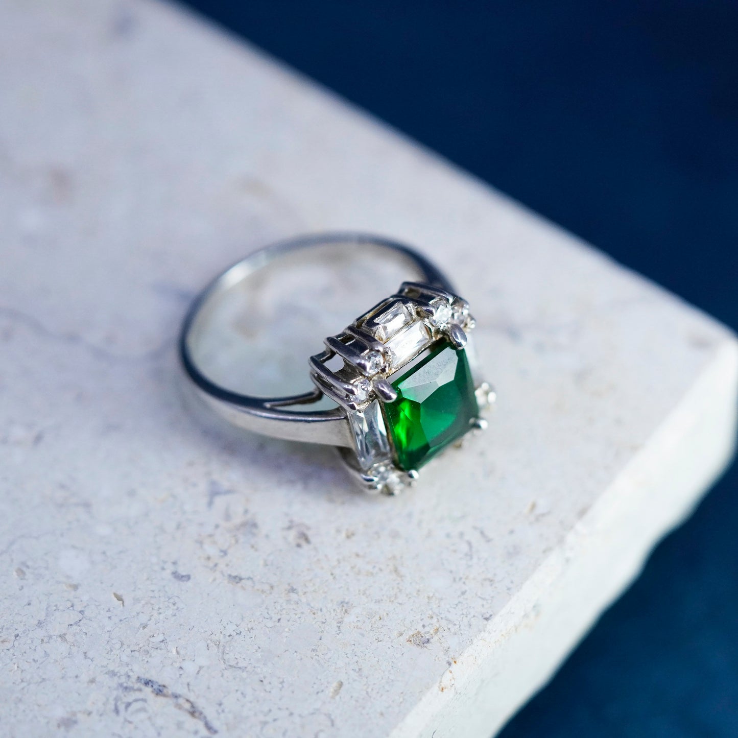 Size 9.25, vintage sterling 925 silver handmade ring with emerald and cz