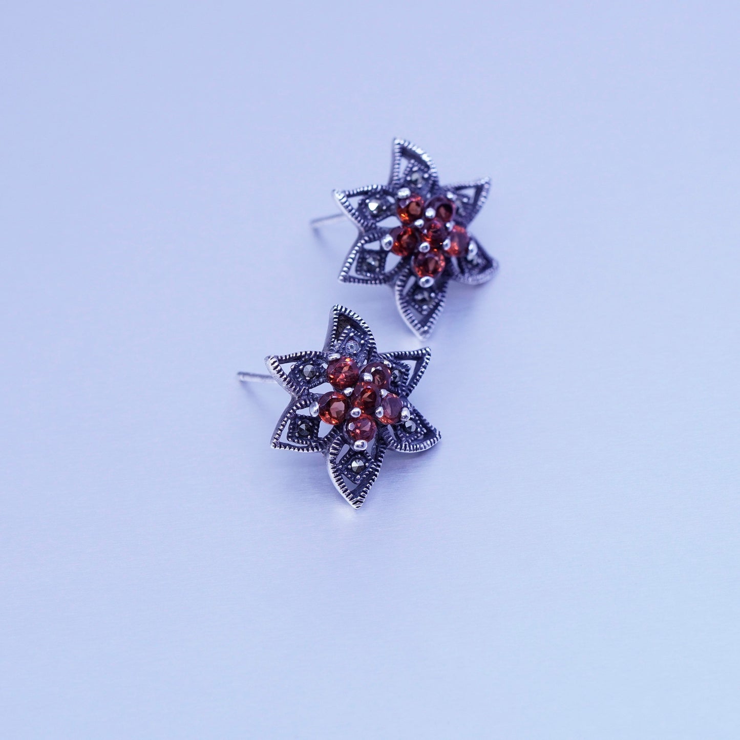 vtg Sterling 925 silver handmade earrings, flower studs with ruby and Marcasite