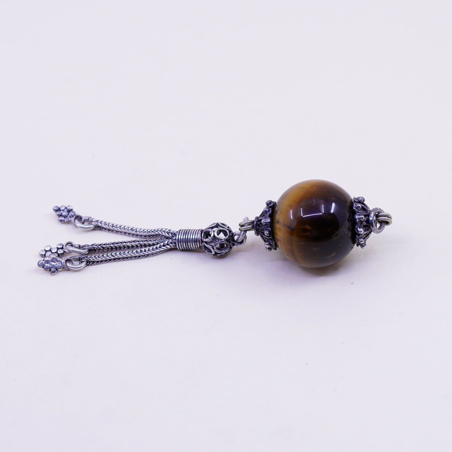 sterling silver charm with golden tiger eye and fringe, 925 handmade pendant