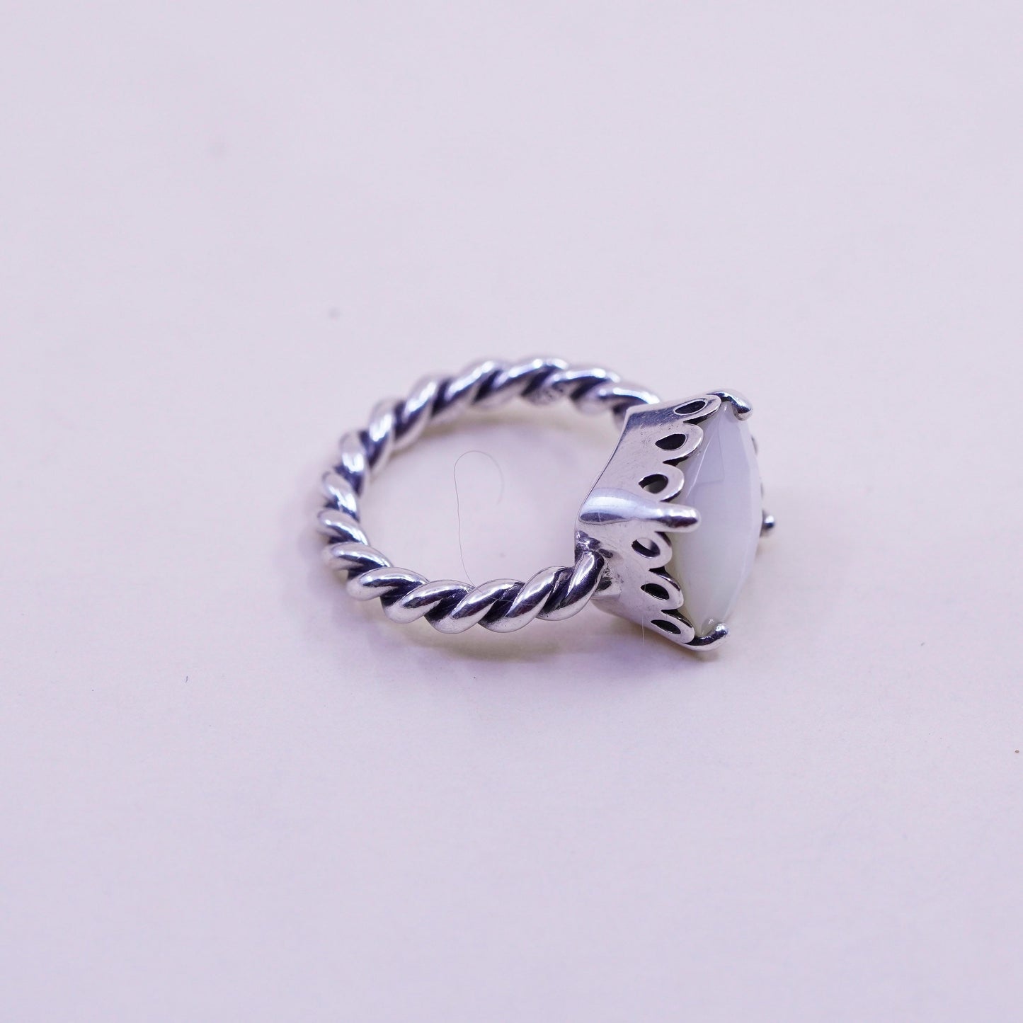 Size 6, ALE Sterling 925 silver ring with checker cut moonstone cable band
