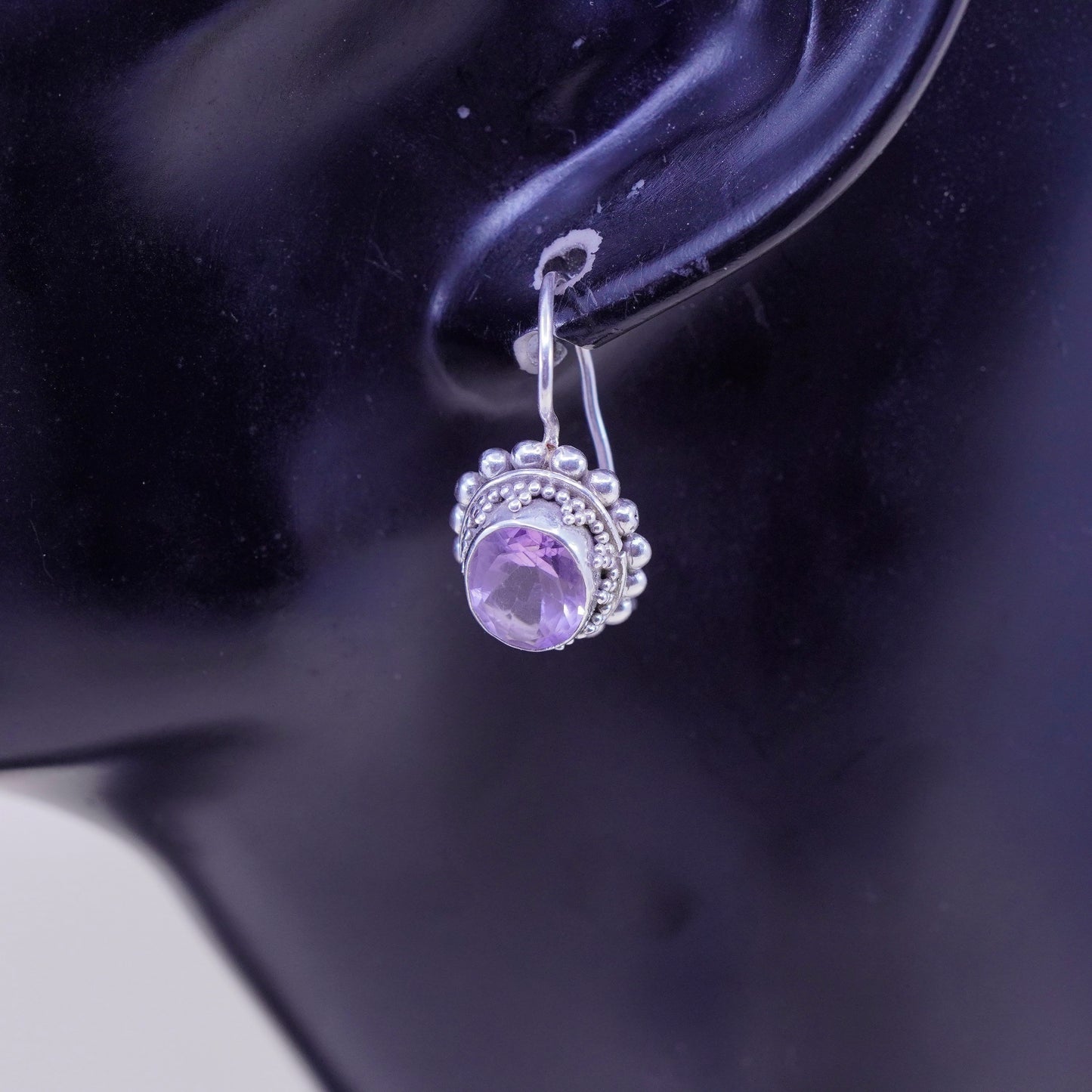 Vintage sterling silver handmade earrings, 925 drops with amethyst and beads