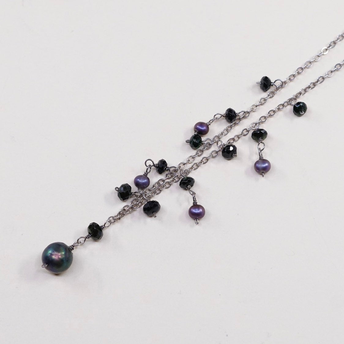 16", lenni navarro black pearl beads necklace, Sterling silver figaro chain