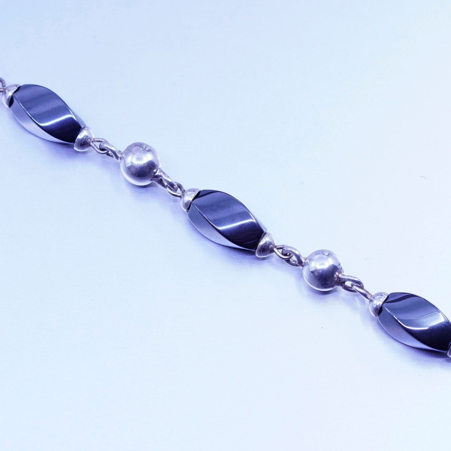 6.5”, vintage Sterling 925 silver handmade bracelet with hematite and beads