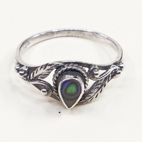 Size 5.5, Vtg Sterling 925 Silver Handmade Ring W/ Abalone N Leaves Around