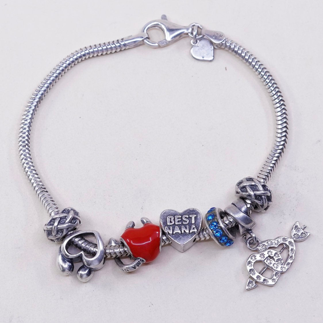 6.75" 3mm, VTG Sterling silver bracelet, 925 bold snake chain, w/ 7 charms