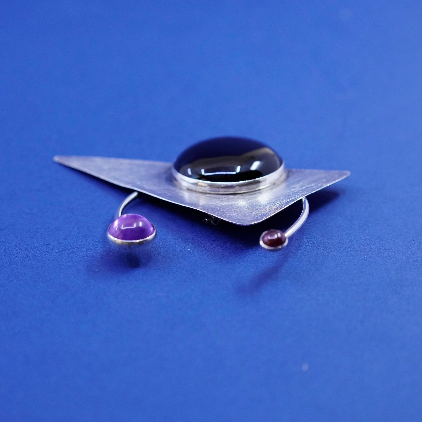 Vintage Sterling silver handmade brooch, 925 modern obsidian pin amethyst beads