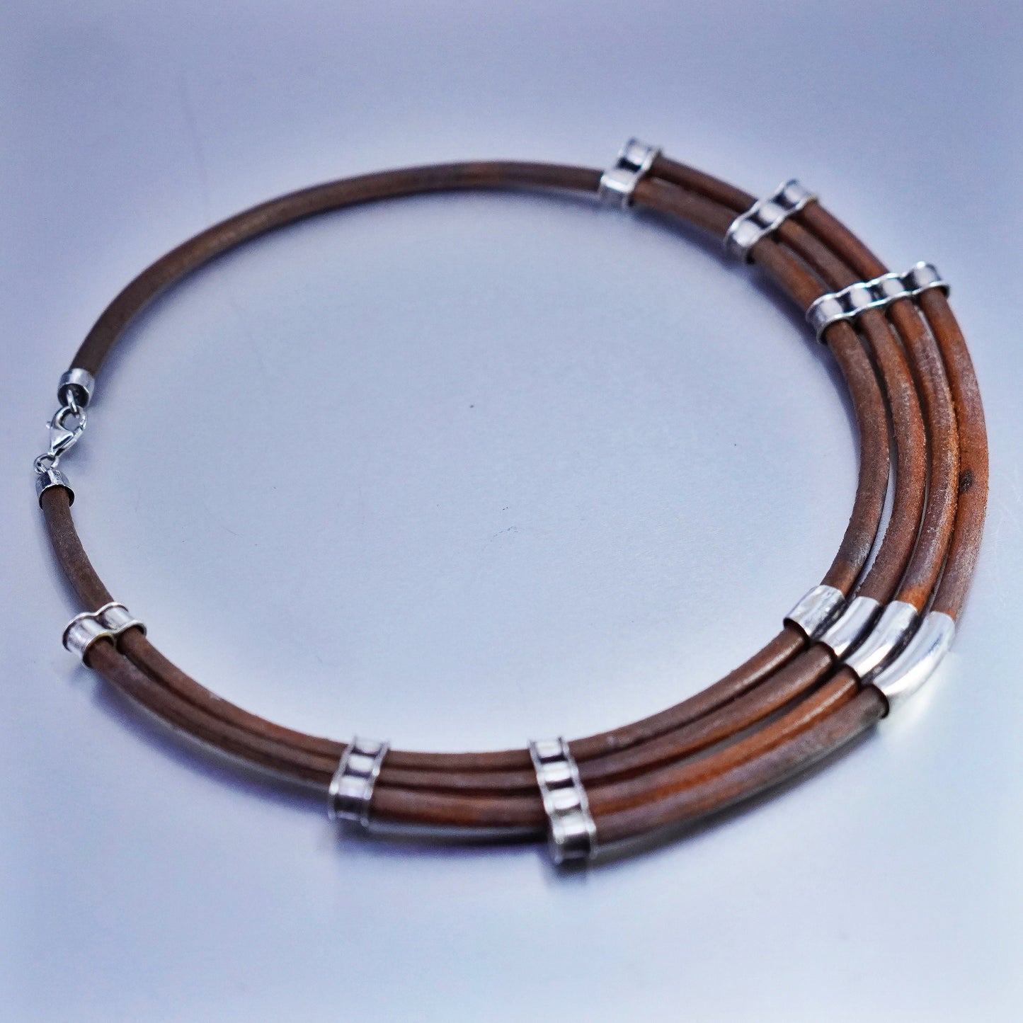16”, Sterling Silver Multi Strand brown Leather Necklace Slide 925 Pendant