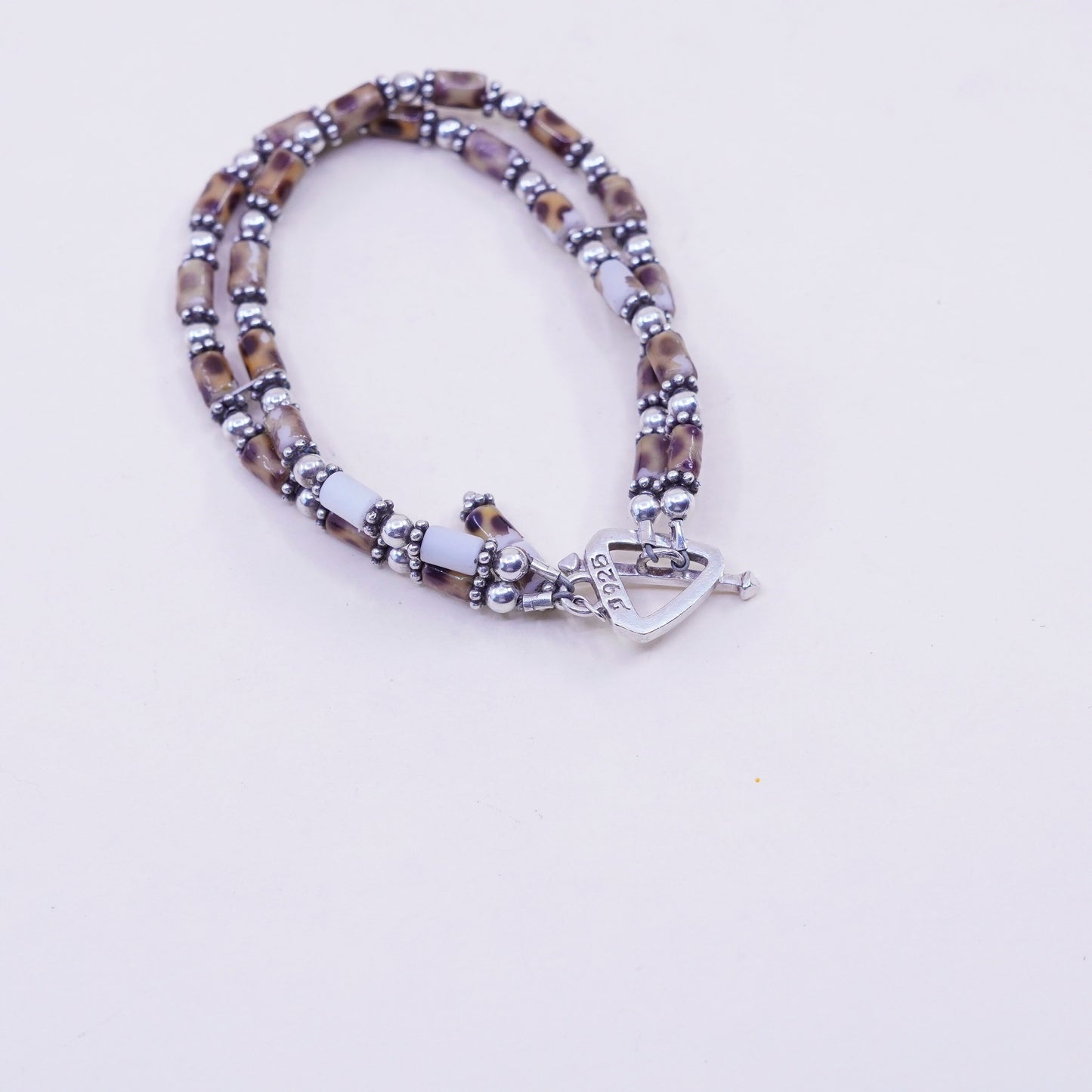 6.75”, vintage double strands sterling silver handmade bracelet with beads