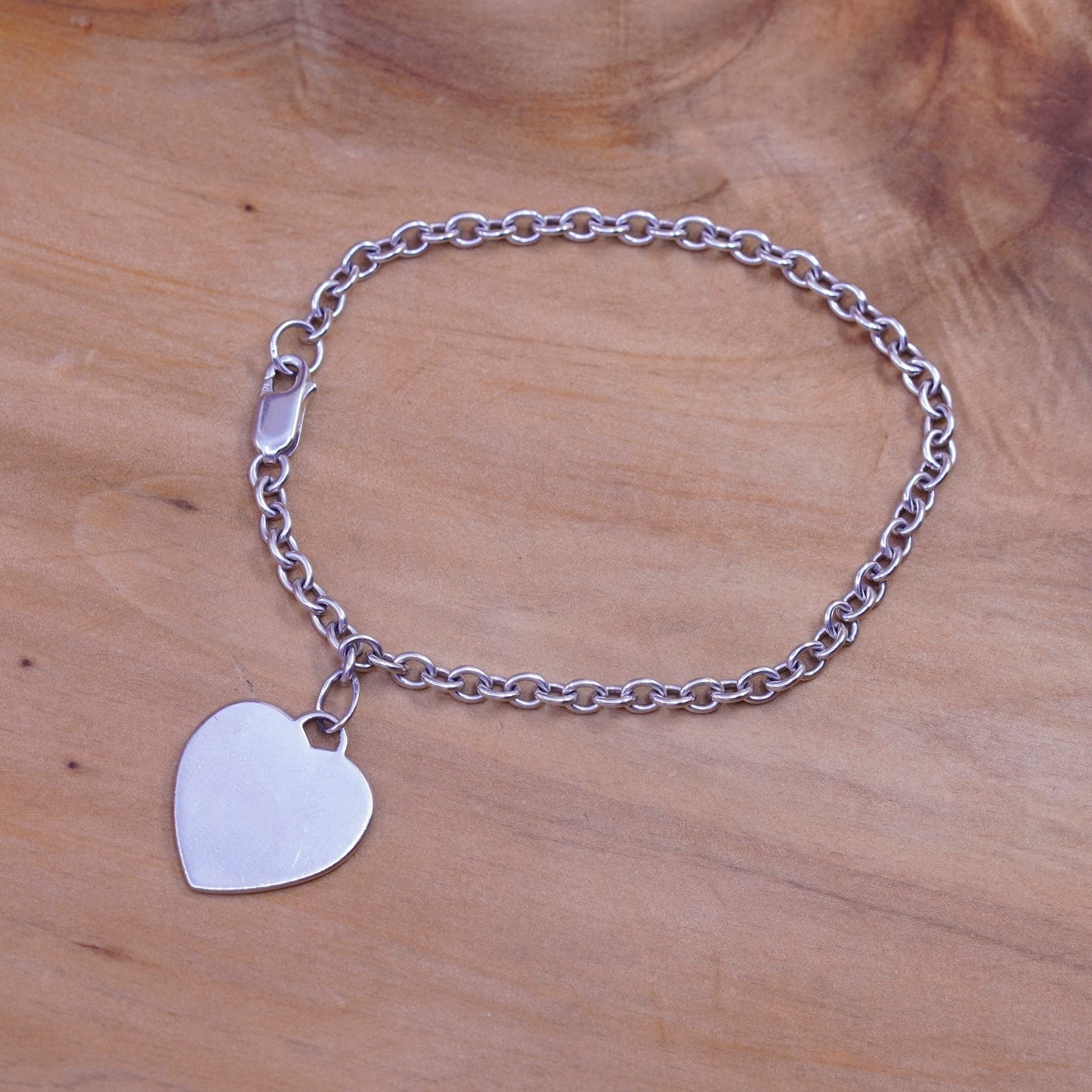 7.25”, vtg Sterling silver handmade bracelet, 925 circle chain heart tag charm