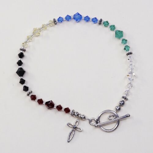 7.75”, Vtg Sterling Silver Handmade Bracelet, 925 Swarovski Crystal W/ Toggle