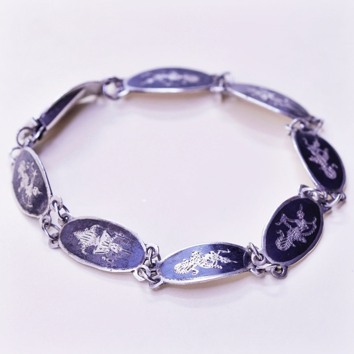 6.5”, Vintage Indian Siam sterling silver bracelet, 925 disc engraved goddess