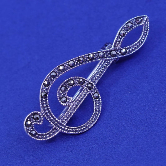 vintage Sterling 925 silver handmade brooch, music note pin with marcasite