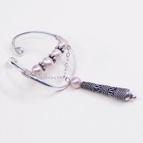 Clip On handmade Sterling 925 Silver earrings W/ Pink Pearl N Teardrop Dnagles