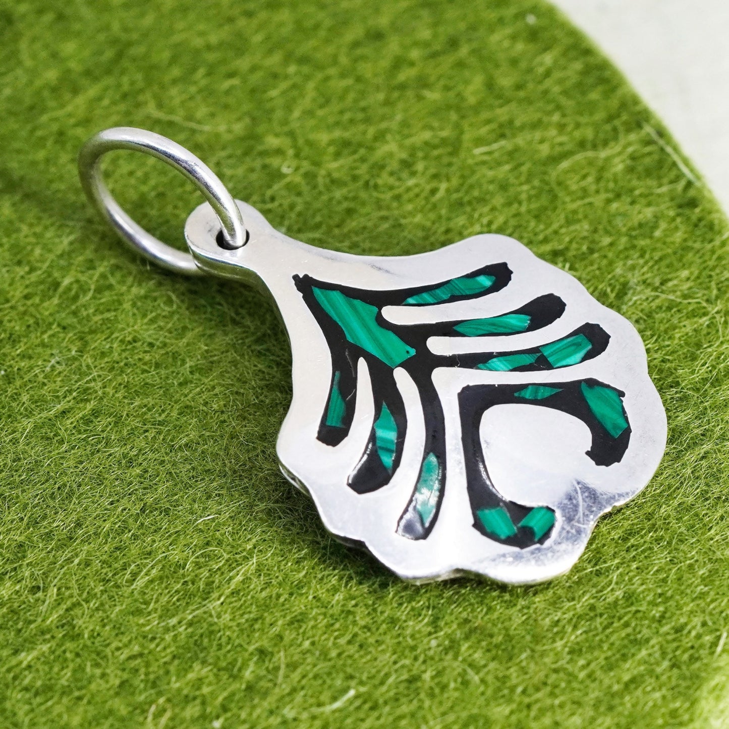 Vintage Mexico sterling silver handmade slide pendant, 925 fish with malachite