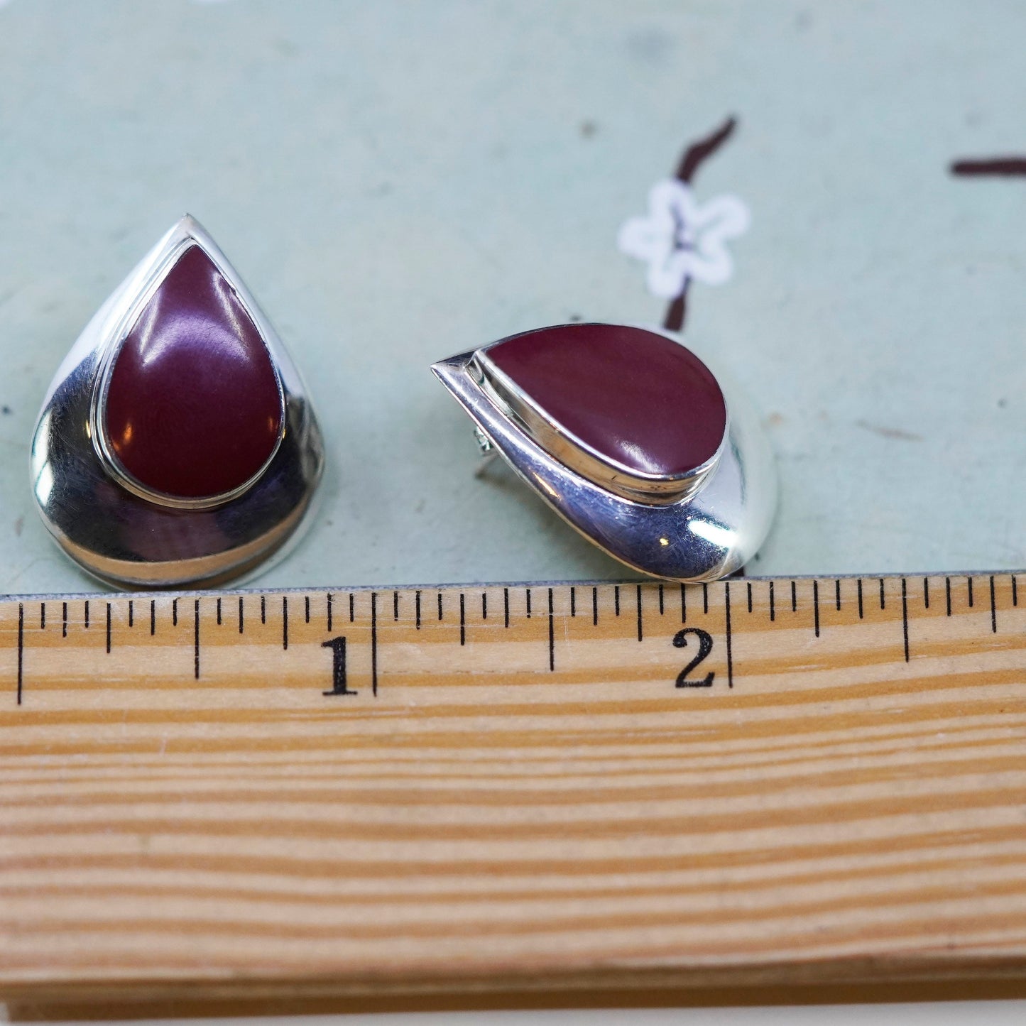 Vintage Sterling silver handmade earrings, Mexico 925 teardrop with red onyx