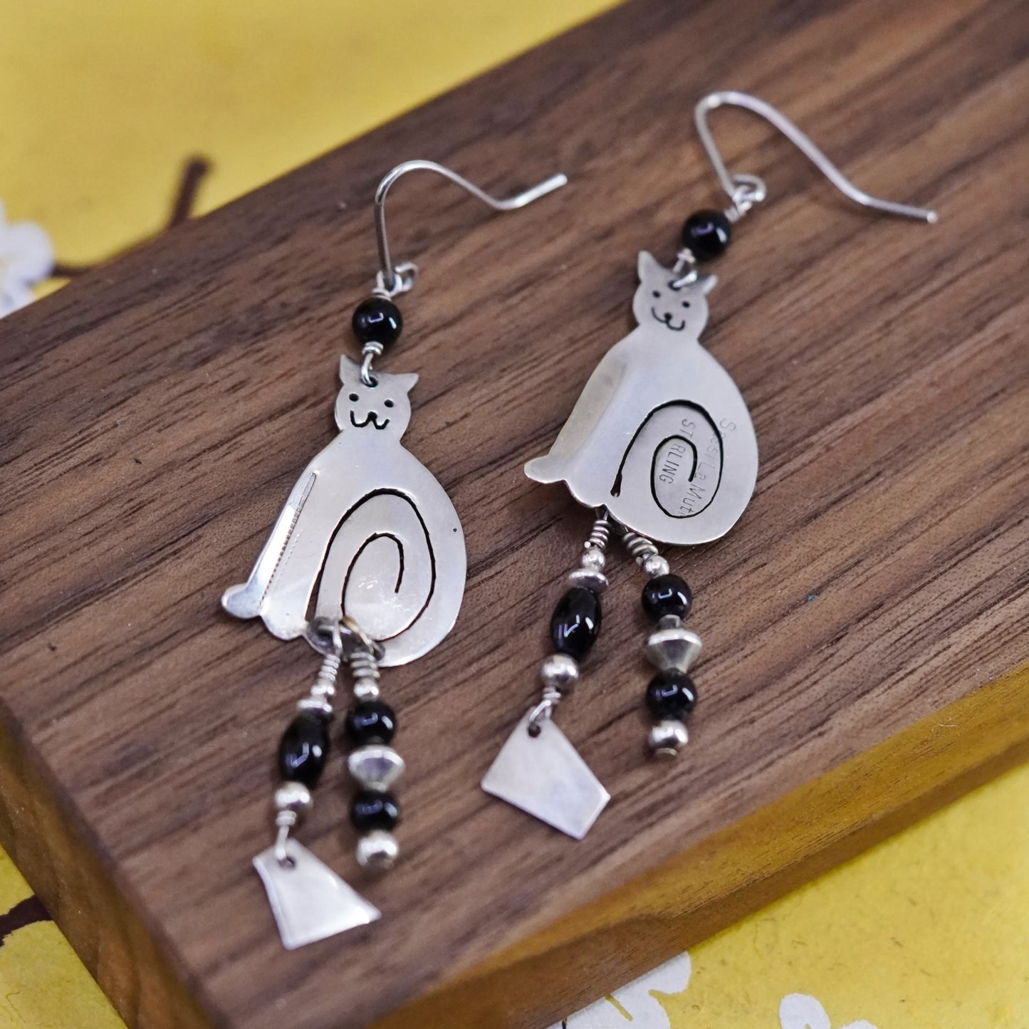 Vintage Sassi La Muth Sterling silver handmade earrings, 925 cat obsidian beads