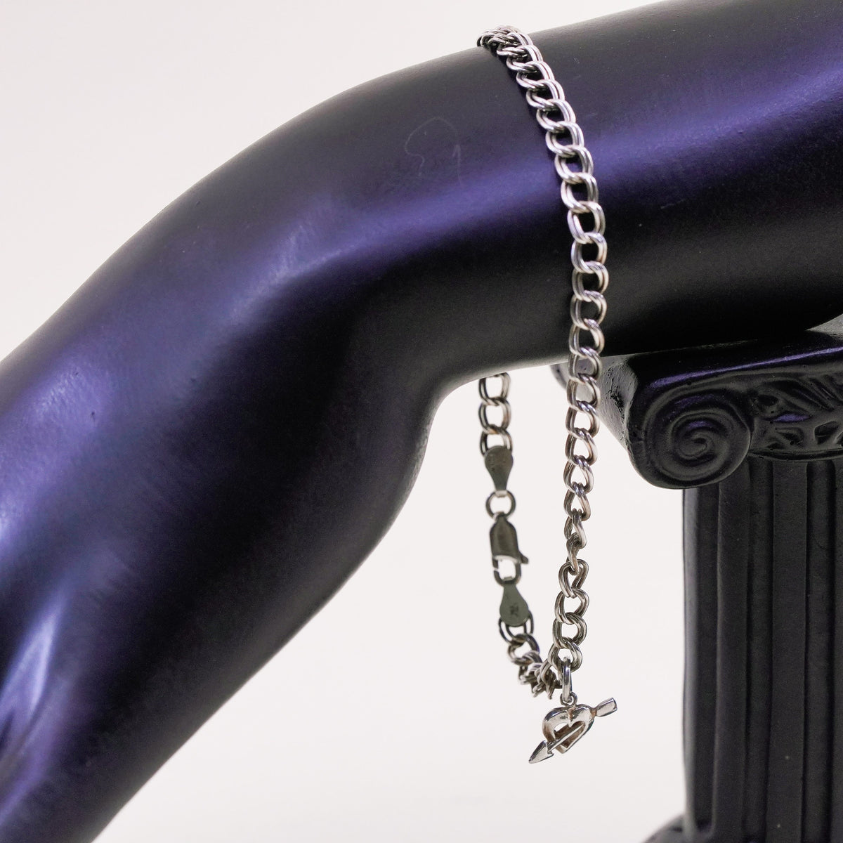 8”, Vintage sterling 925 silver double curb bracelet with arrow heart charm