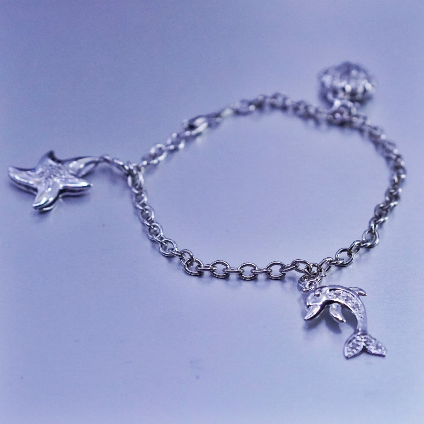 7”, Sterling 925 silver bracelet, circle chain starfish shell dolphin charms