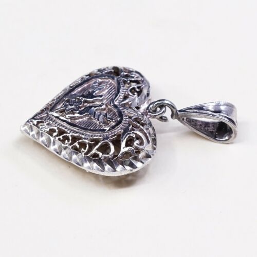 Vintage Sterling Silver Handmade Heart Pendant, 925 Silver Puffy Filigree Charm