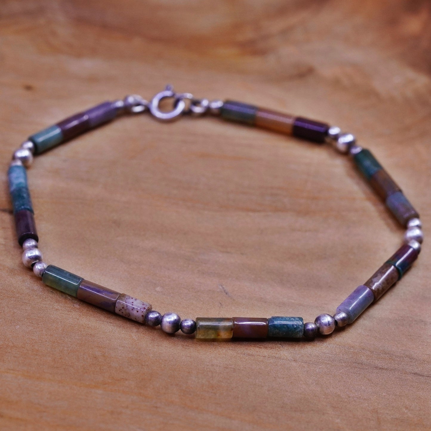 6.75”, Vintage Sterling 925 silver handmade bracelet with green jade tube