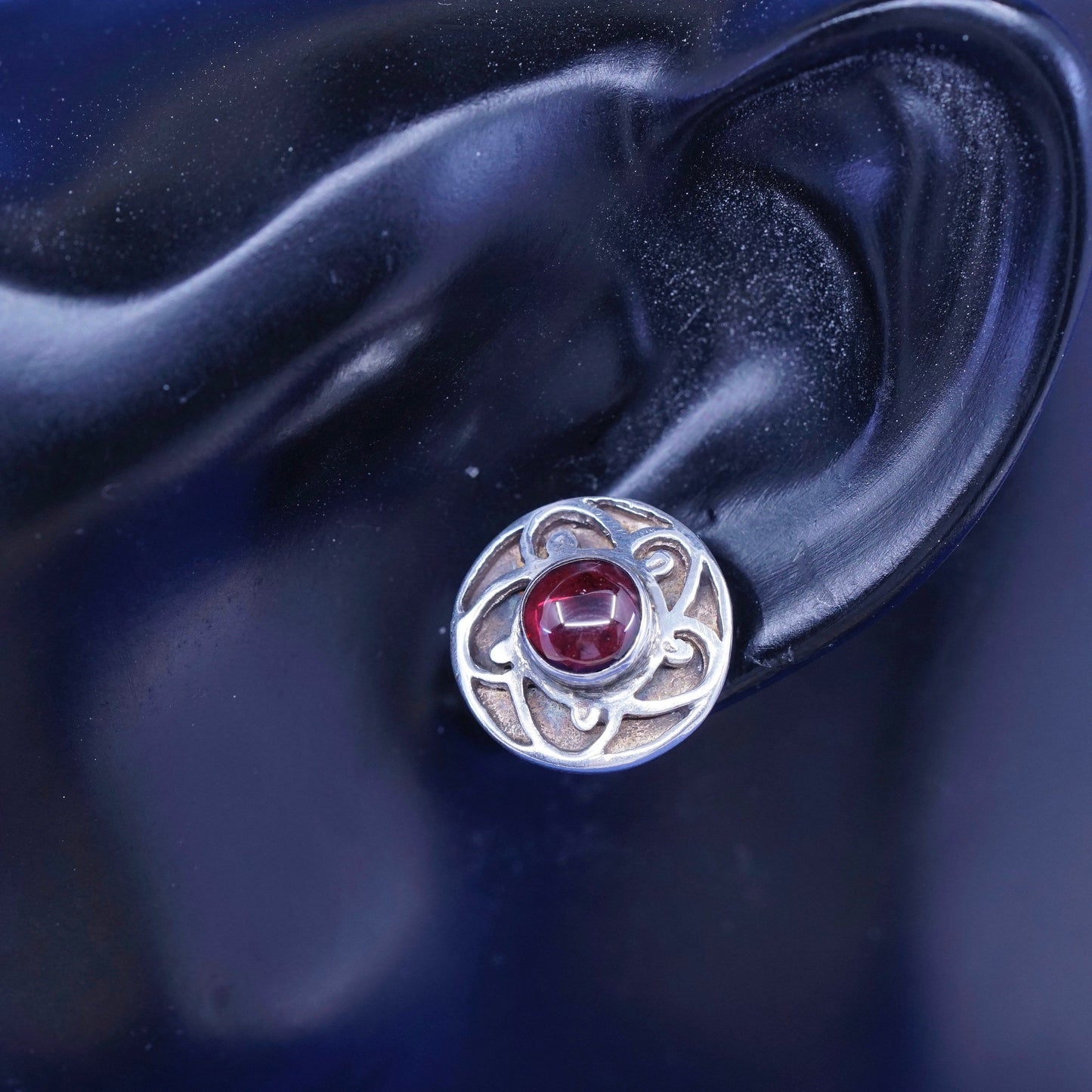 Vintage sterling silver handmade earrings, 925 flower studs with garnet