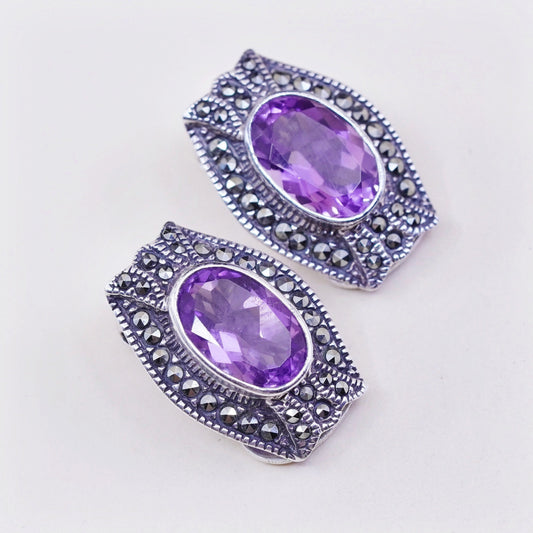 Vintage Sterling 925 silver handmade clip on earrings w/ amethyst and Marcasite